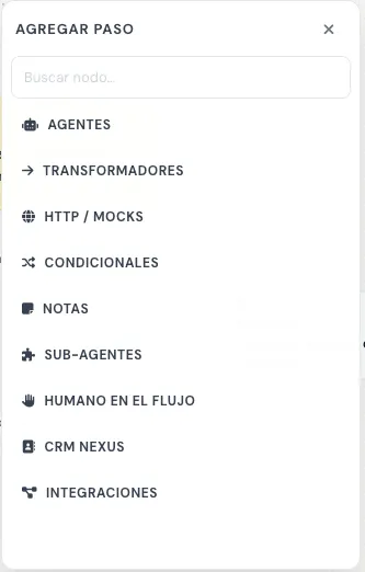 Selector Agregar paso con las categorías actuales de nodos