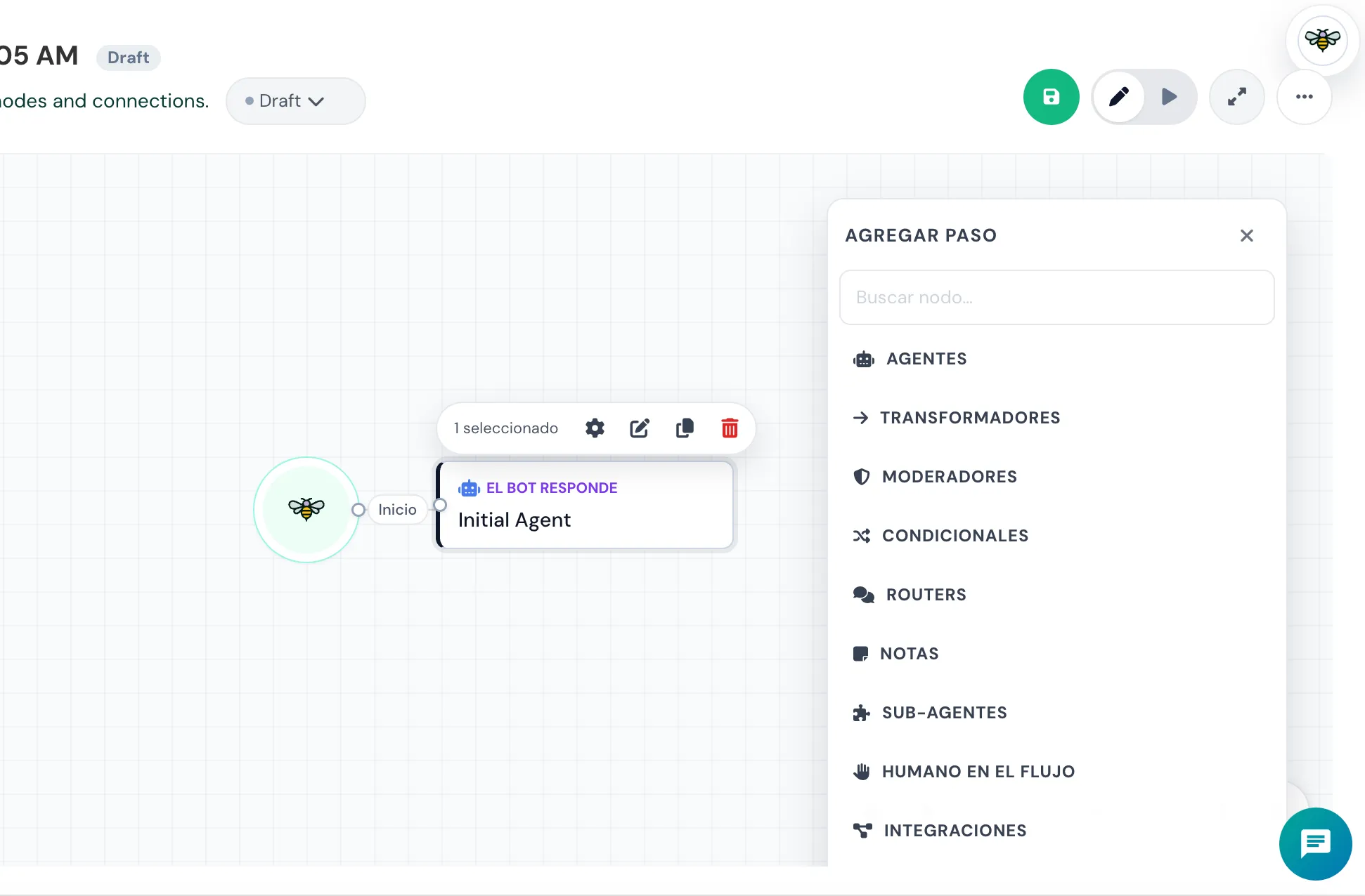 Menú para agregar pasos al canvas de workflows
