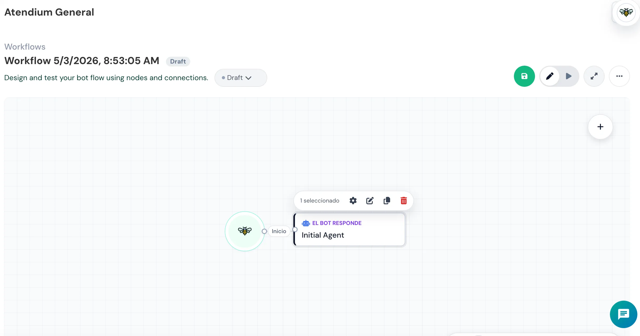 Canvas de workflows con nodo inicial, toolbar de edición y zoom al 100%