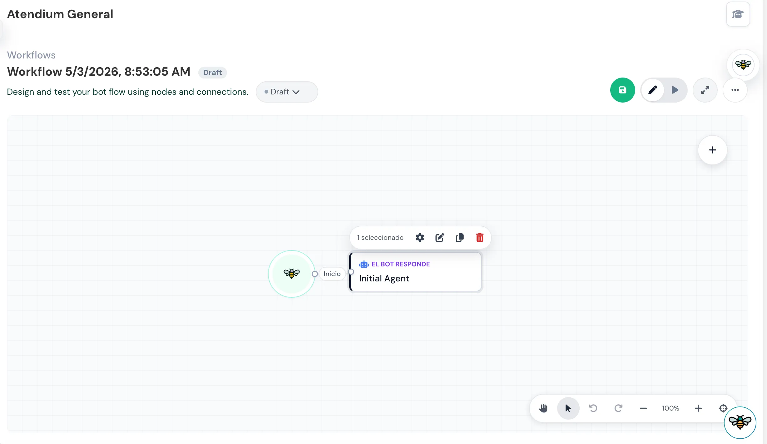 Nodo seleccionado con acciones rápidas para configurar, editar, duplicar o borrar
