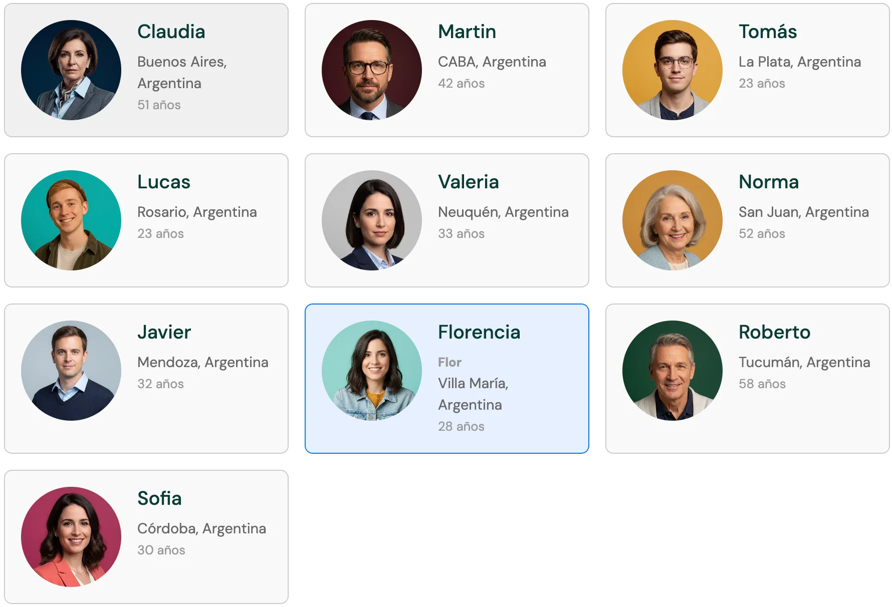 Grilla de characters disponibles para seleccionar en Atendium