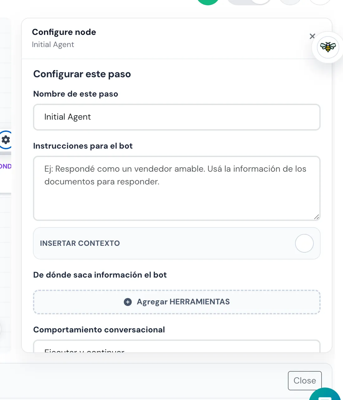 Panel de configuración de un nodo agente