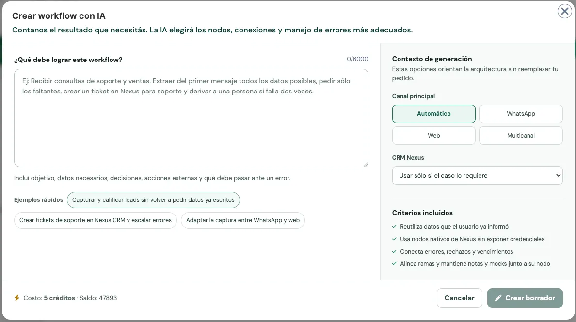 Modal Crear workflow con IA con pedido, canal, Nexus, criterios y créditos