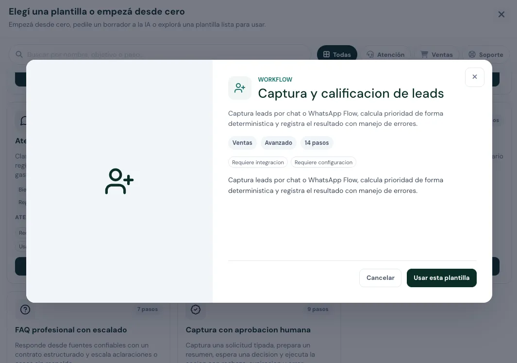 Detalle de un template con imagen, icono, información y botón Usar esta plantilla