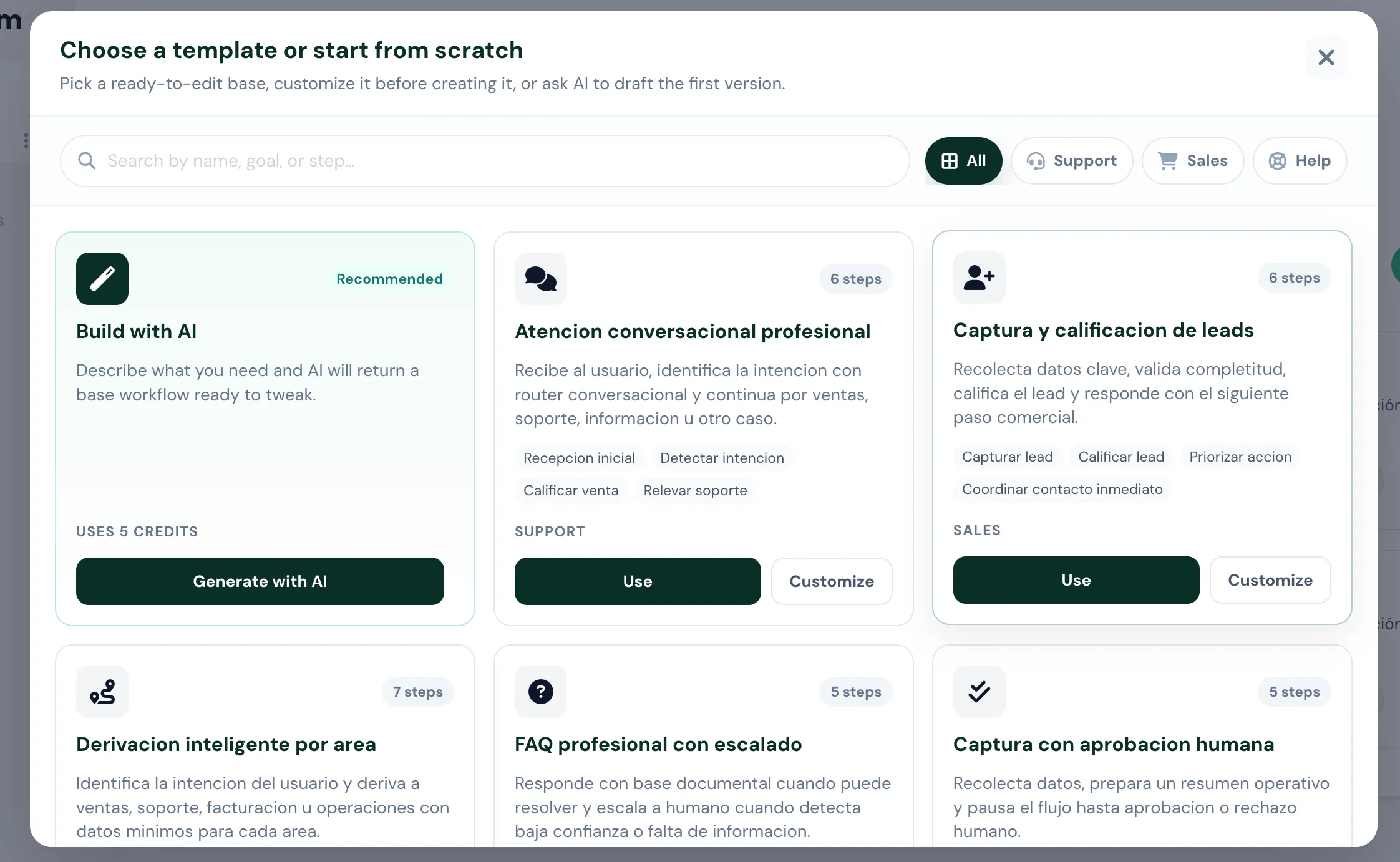 Galería de templates para crear workflows desde IA, plantillas o desde cero