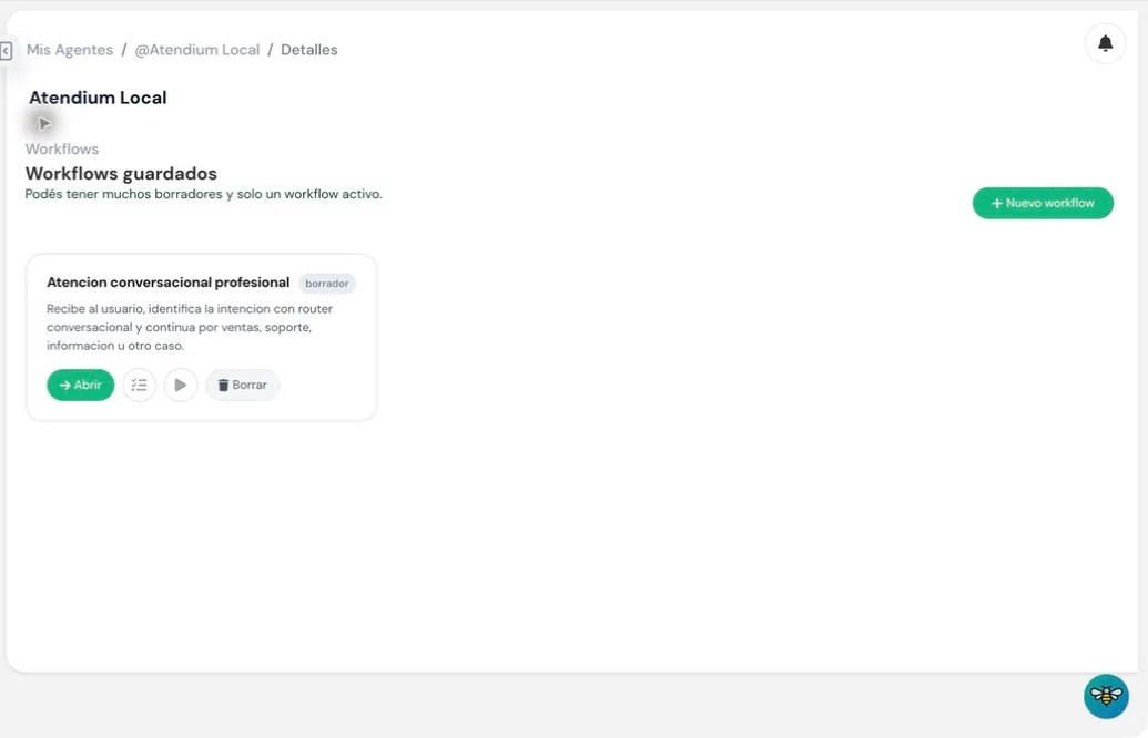 Listado de workflows guardados con el botón Nuevo workflow