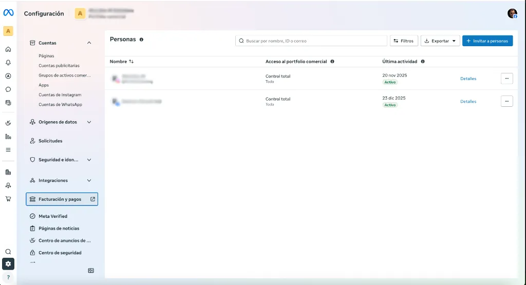 Menú de Facturación y pagos en Meta Business Suite