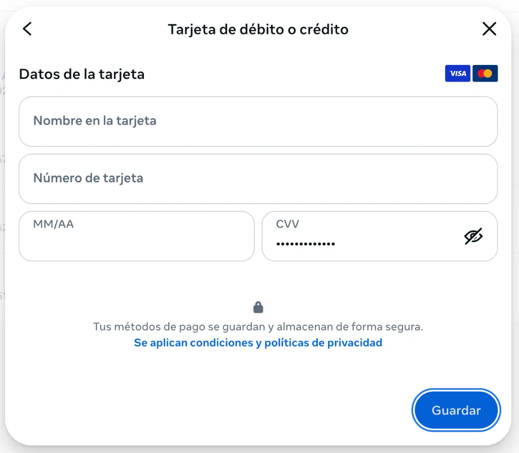 Formulario de datos de tarjeta
