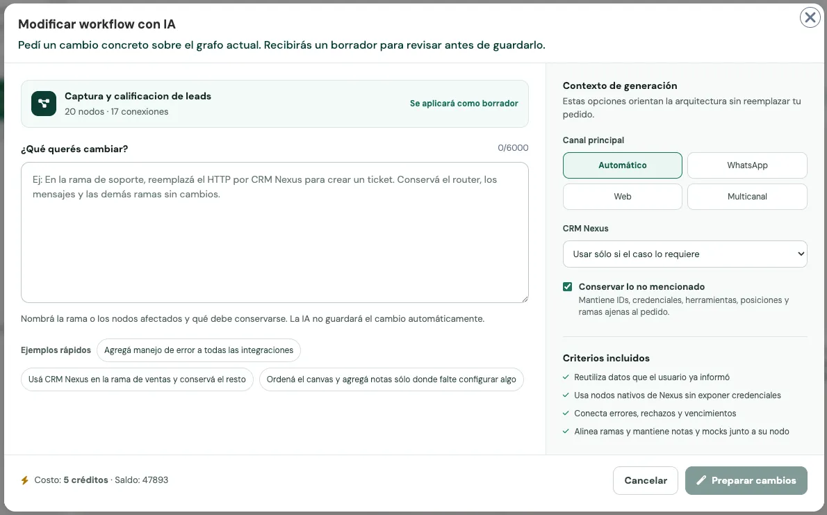 Modal Modificar workflow con IA con resumen, preservación y criterios