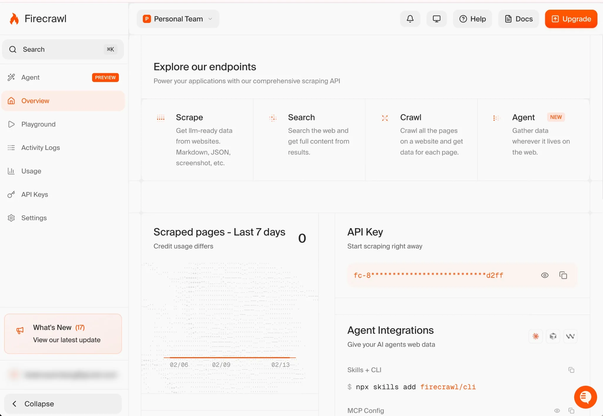 Menú de Firecrawl con API Keys destacado