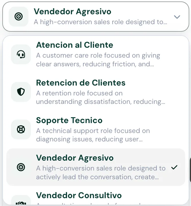Selector de roles del agente en Atendium