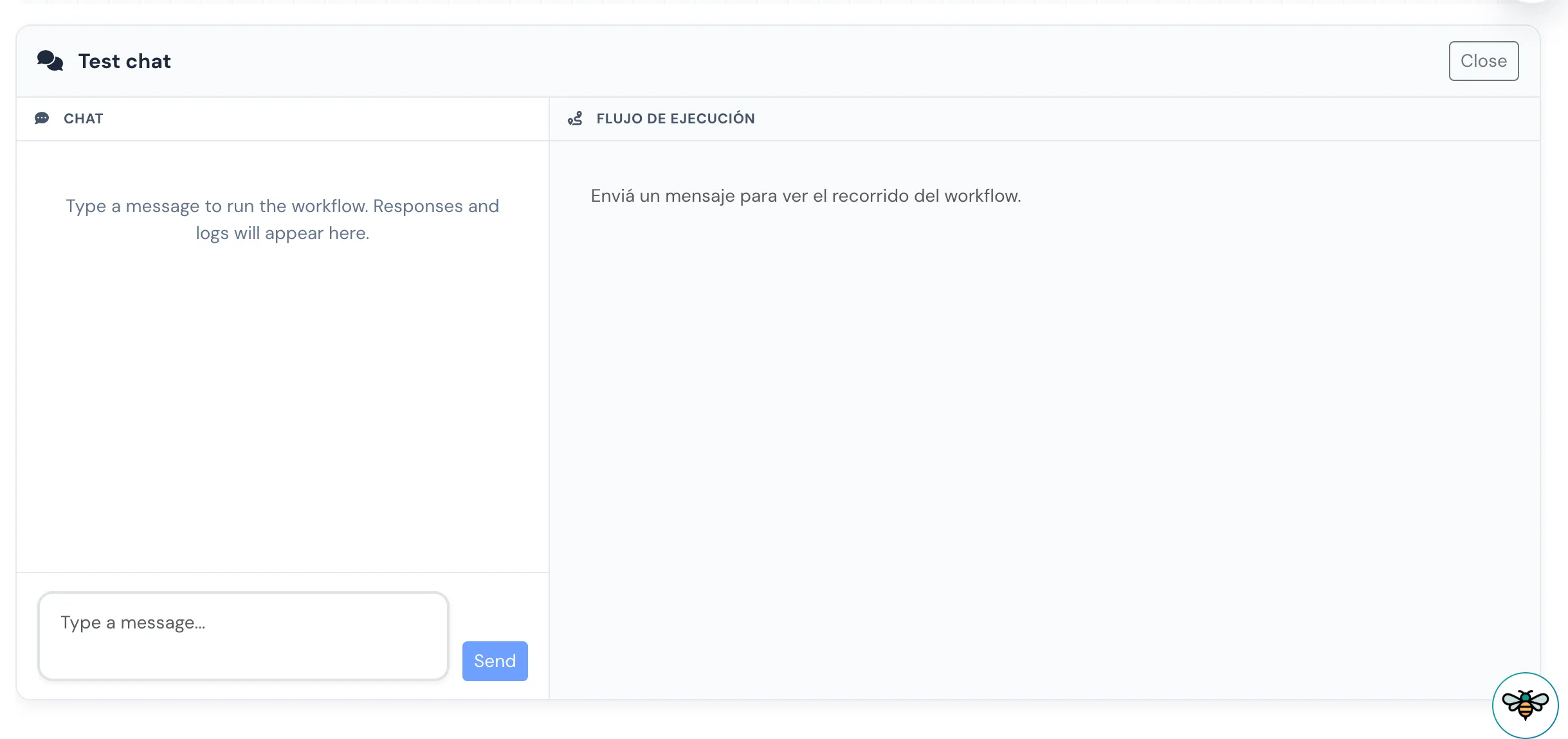 Panel de prueba con chat y flujo de ejecución